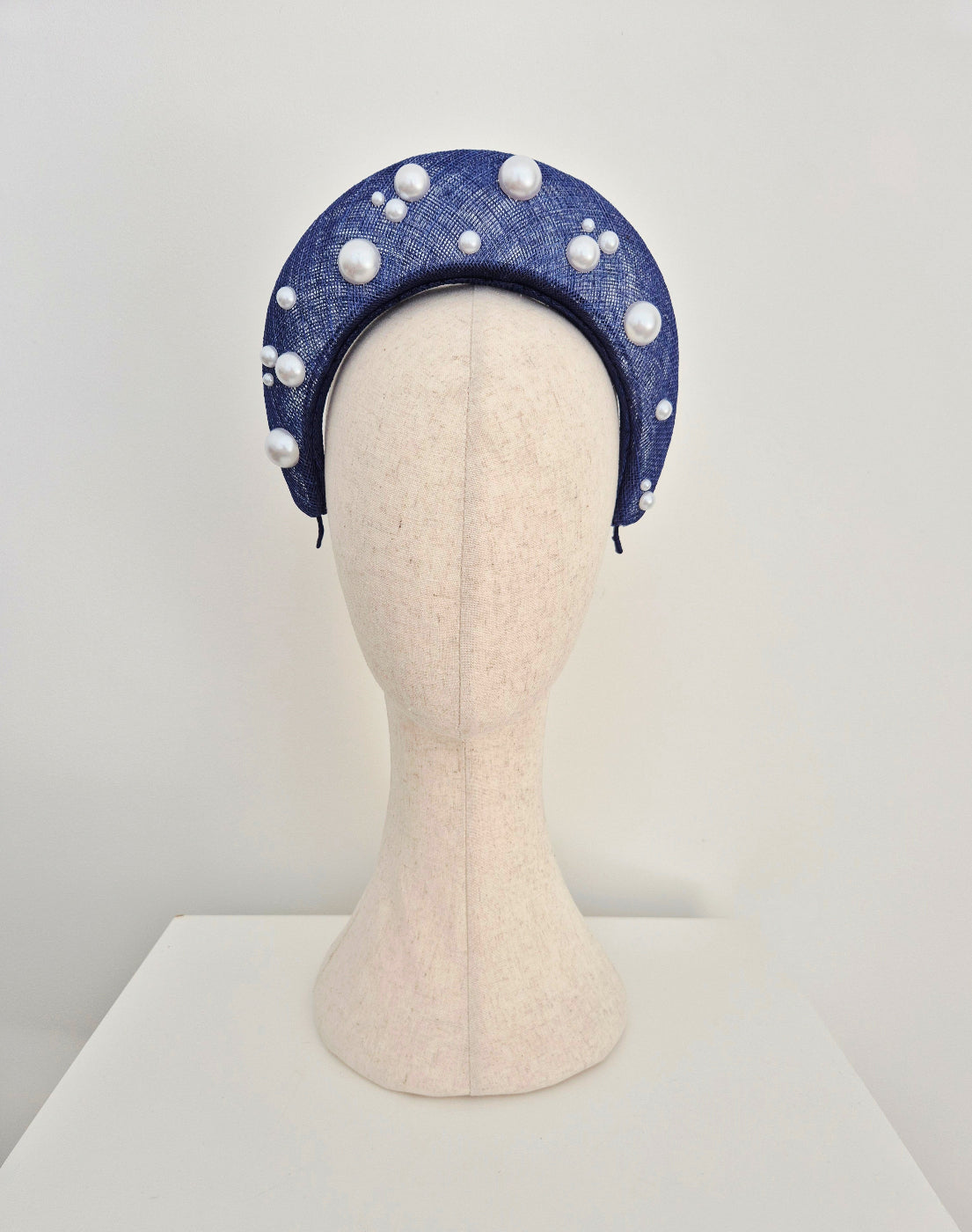 light navy blue straw halo headpiece with pearls