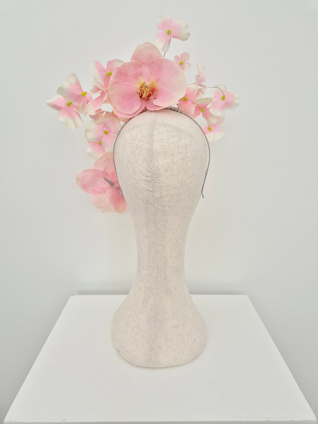 light pink floral headpiece back view