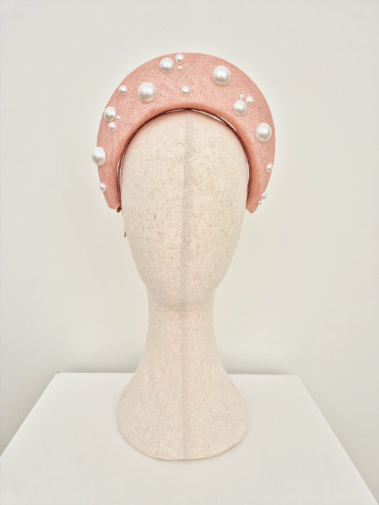 light pink straw halo headpiece with pearls