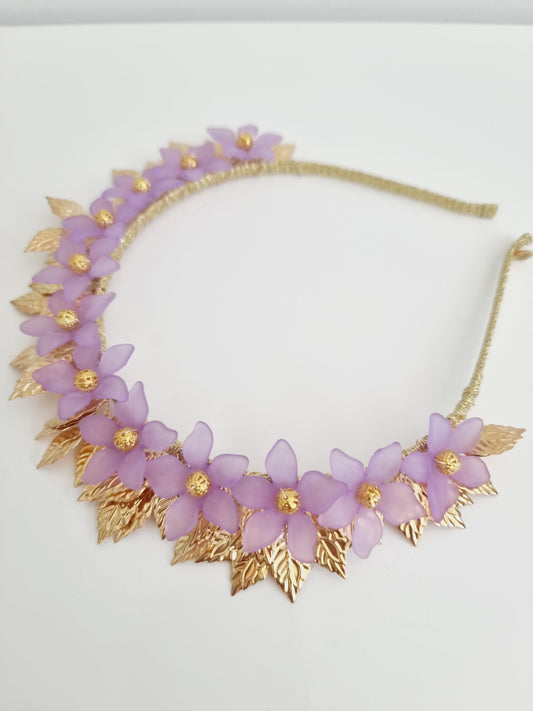 lilac and gold floral headband flat lay