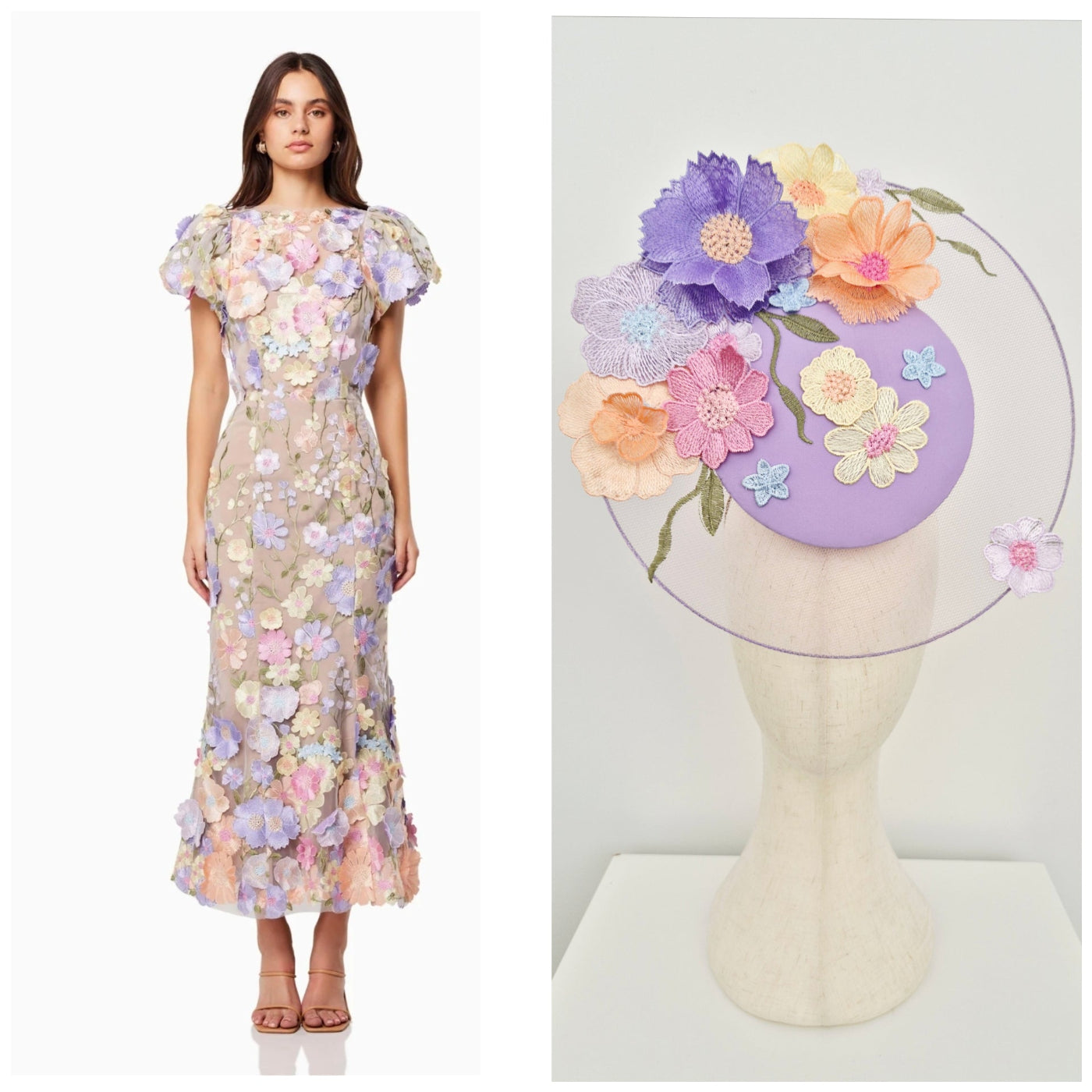 Woman wearing a floral dress next to a floral headpiece on a mannequin.