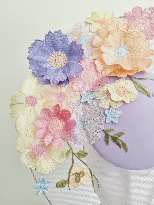 lilac floral lace percher headpiece close up