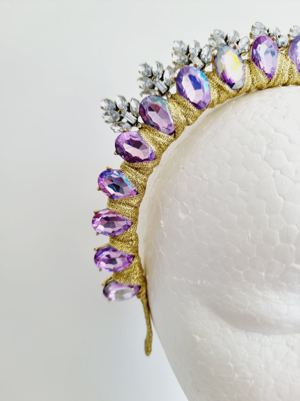 lilac rhinestone headpiece close up