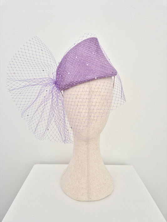 lilac straw slanted headpiece with veiling 