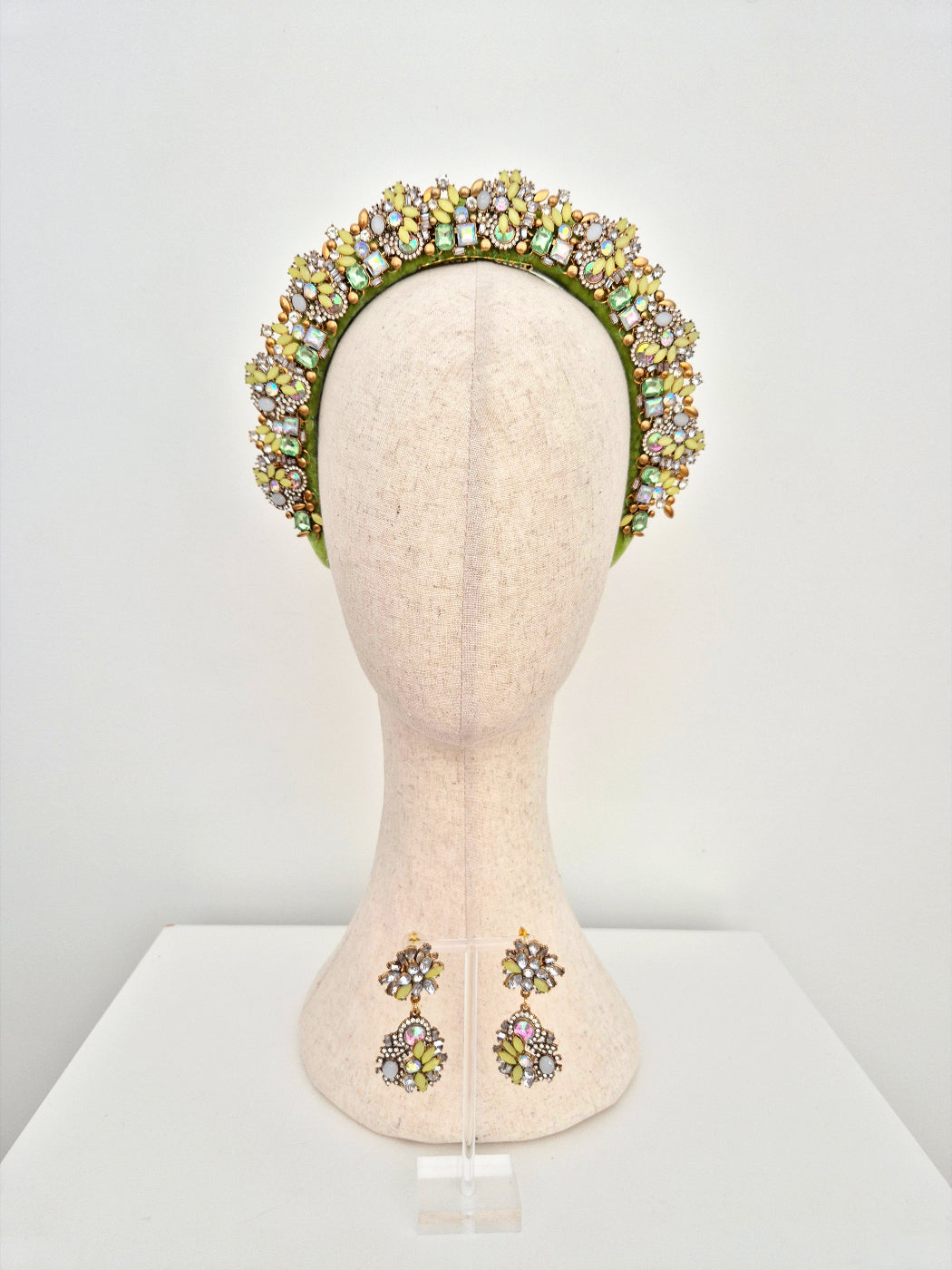 lime green rhinestone headband and earing set