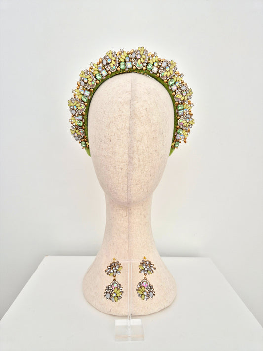 lime green rhinestone headband and earing set