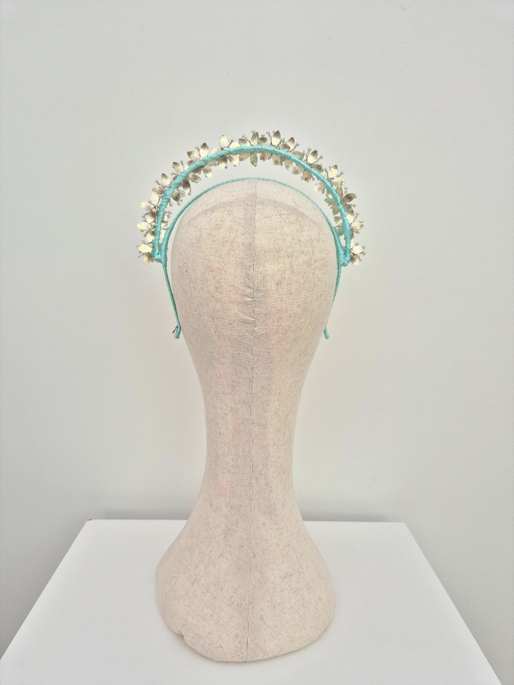 mint green and silver floral headpiece back view