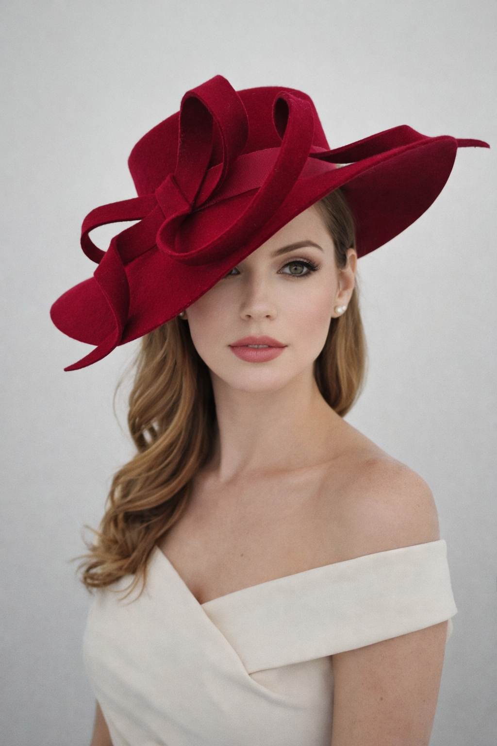 model wearing deep red hat with bow