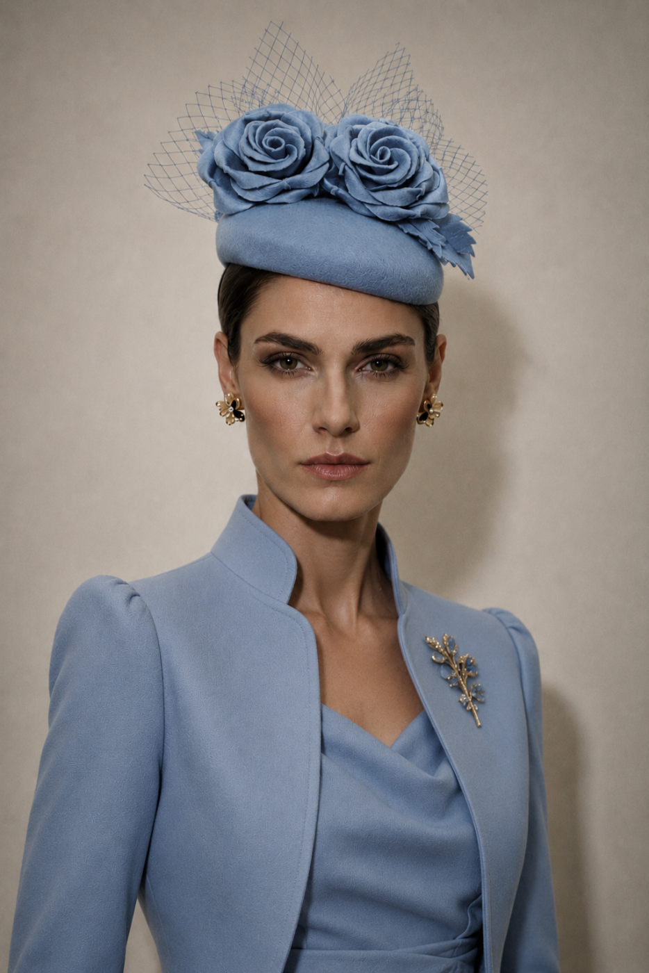 Woman wearing a light blue outfit with a matching hat featuring floral decorations against a neutral background