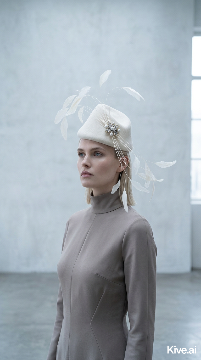 Model wearing a white feathered hat in a minimalistic setting