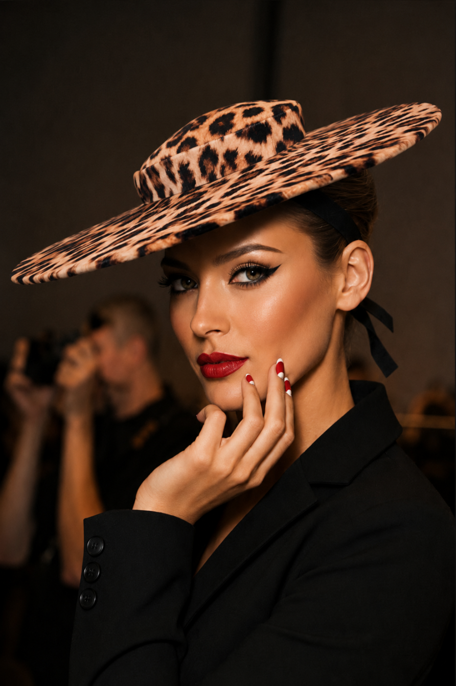 Model wearing a leopard print hat with a blurred background