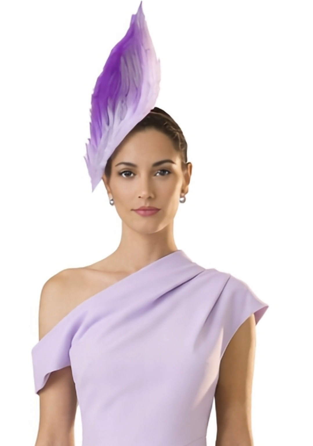Woman wearing a light purple dress and a decorative hat with feathers on a white background