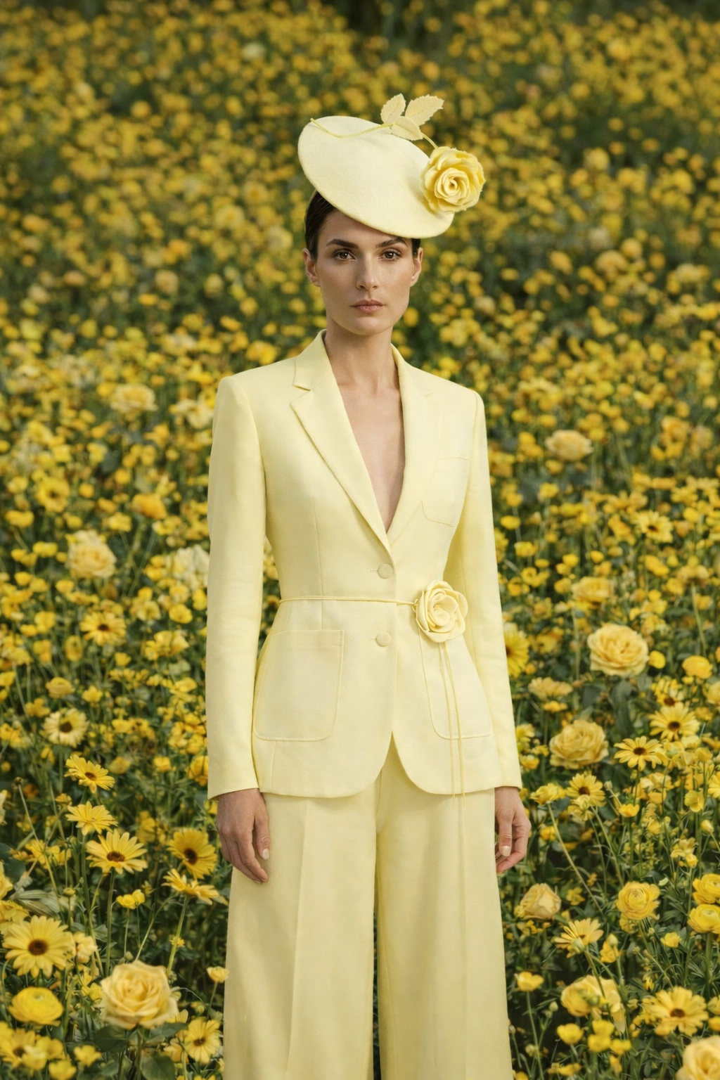 Woman in a yellow suit and hat standing in a field of yellow flowers