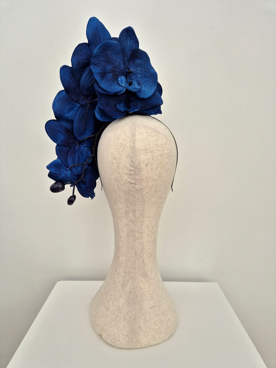 navy blue floral orchid headpiece back