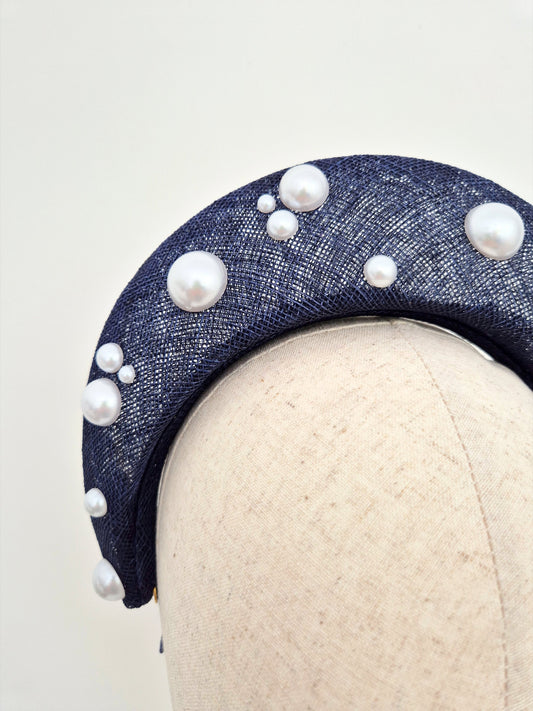 navy blue straw halo headpiece with pearls close up