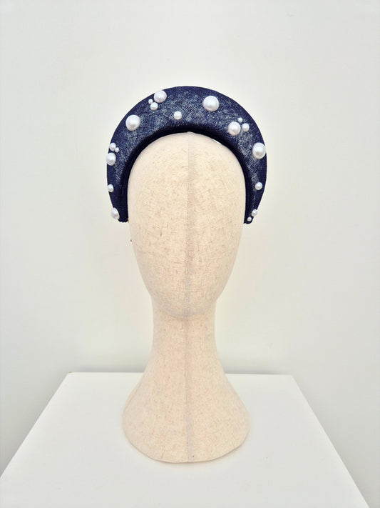 navy blue straw halo headpiece with pearls 
