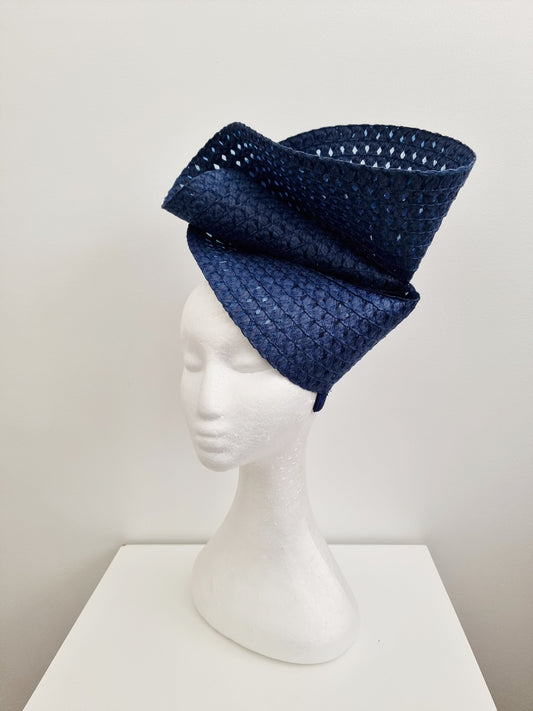 navy blue straw headpiece side view