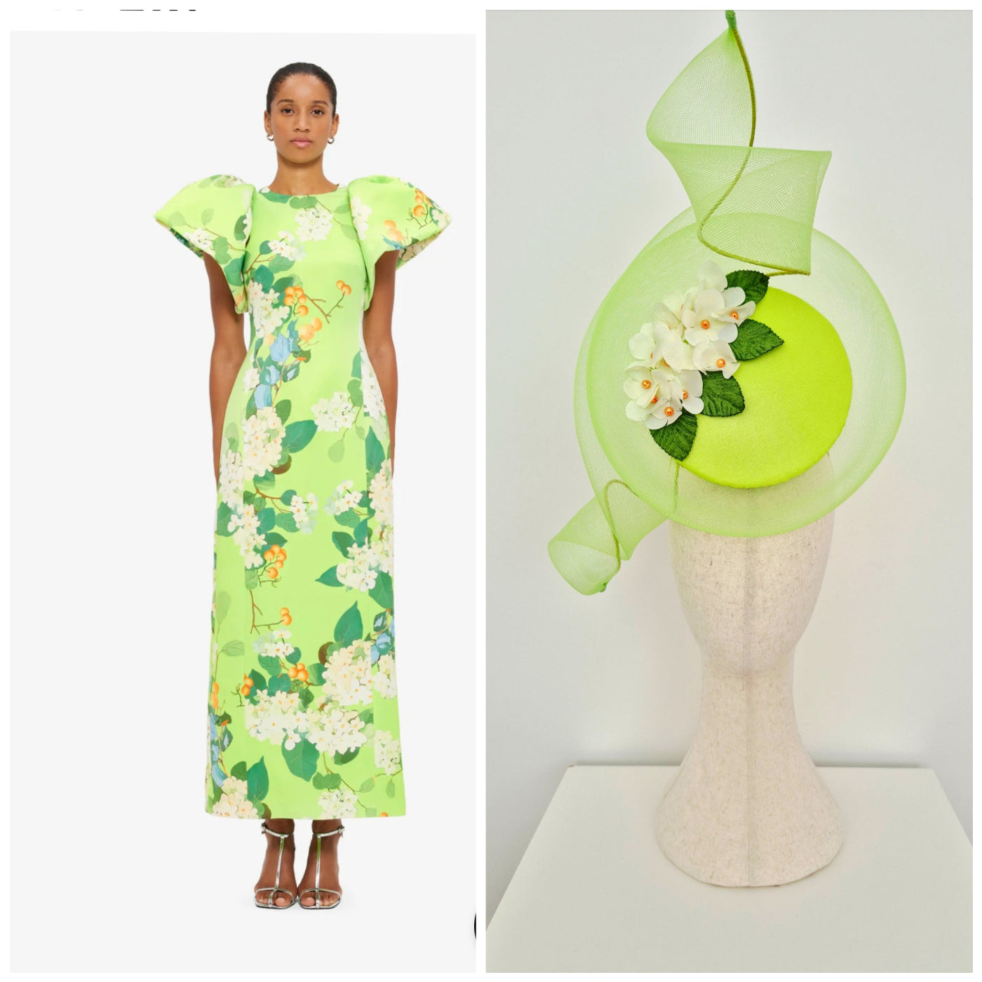 outfit suggestion model wearing a dress with the headpiece next to it 