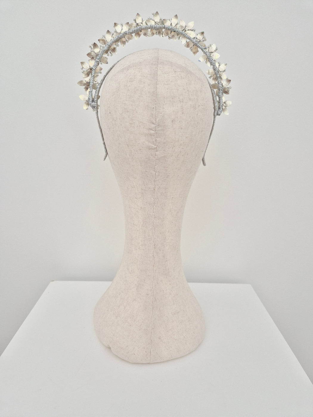 pale blue floral headpiece back view