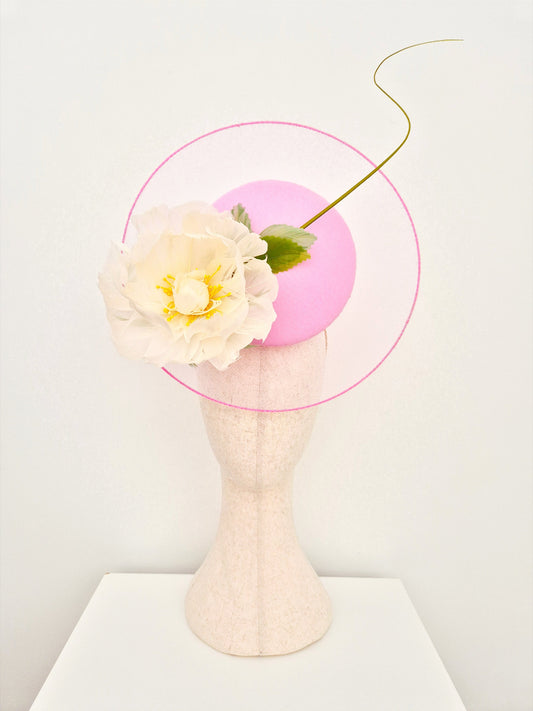 pale pink percher headpiece with feather flower