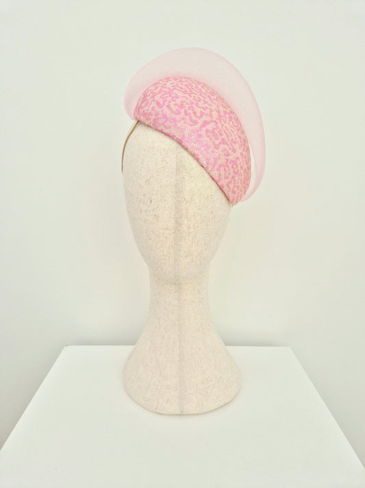 pink and cream sequin headpiece with crinoline wave