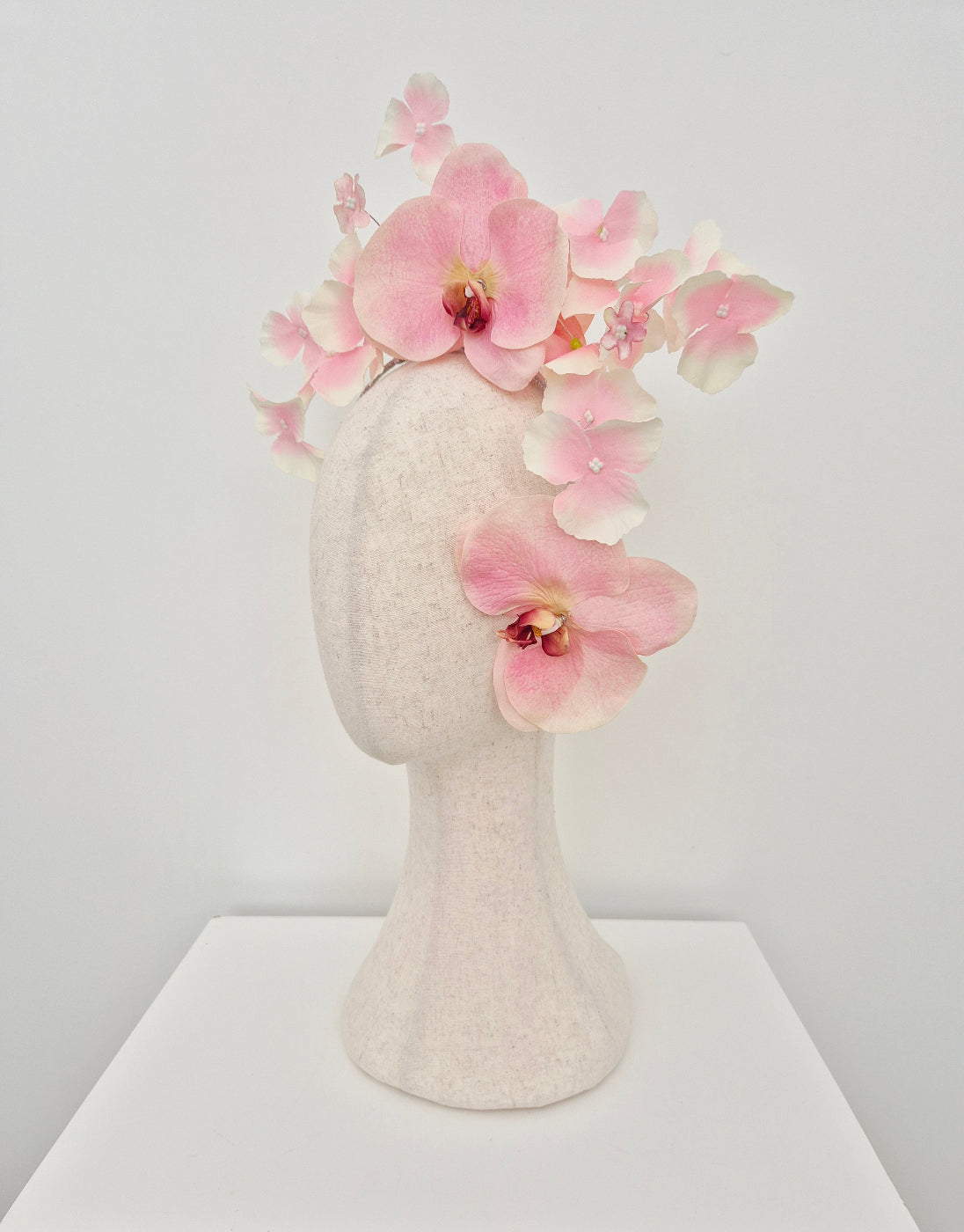pink floral headpiece side view