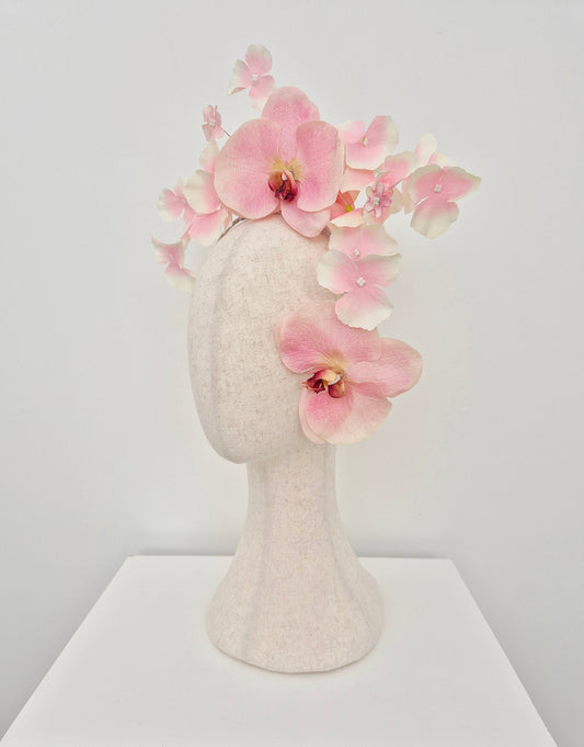 pink floral headpiece side view