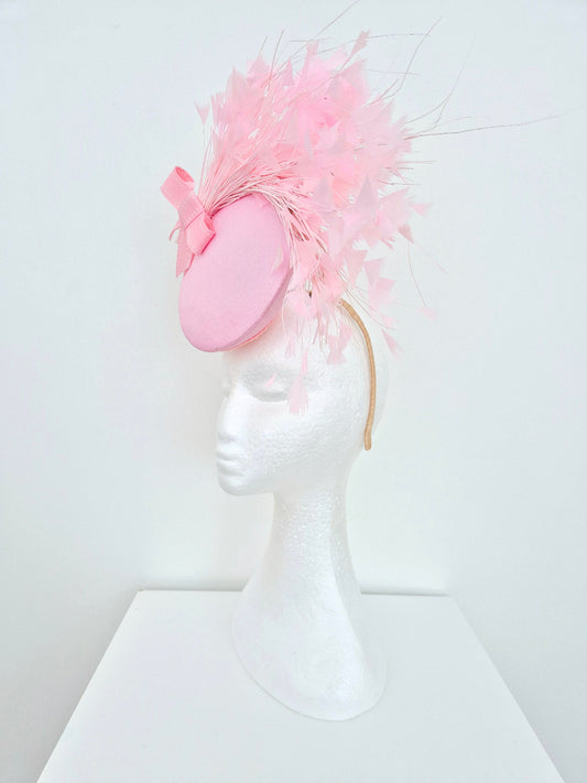 pink percher headpiece with feathers side view