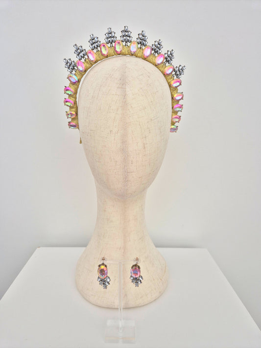 pink rhinestone headpiece with earings set