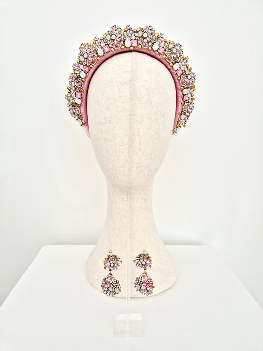 pink rhinestone headpiece with matching earings