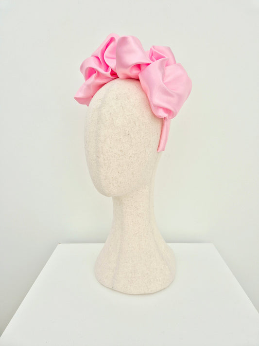 pink satin scrunch headband side view