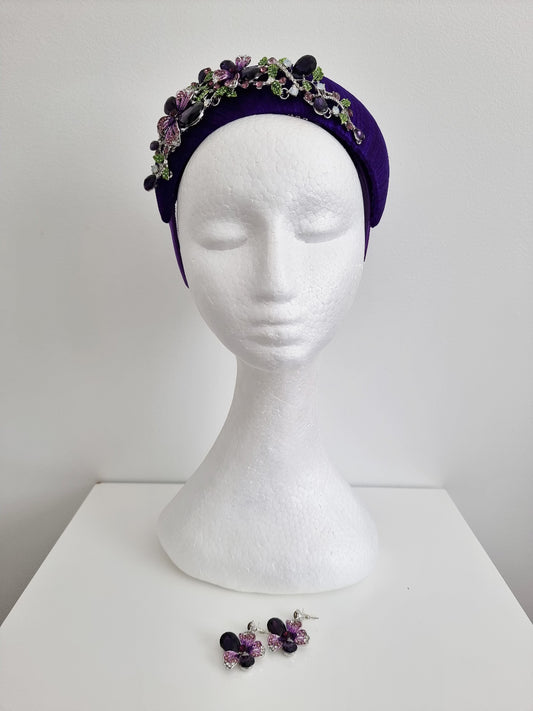 purple silk headpiece and earing set