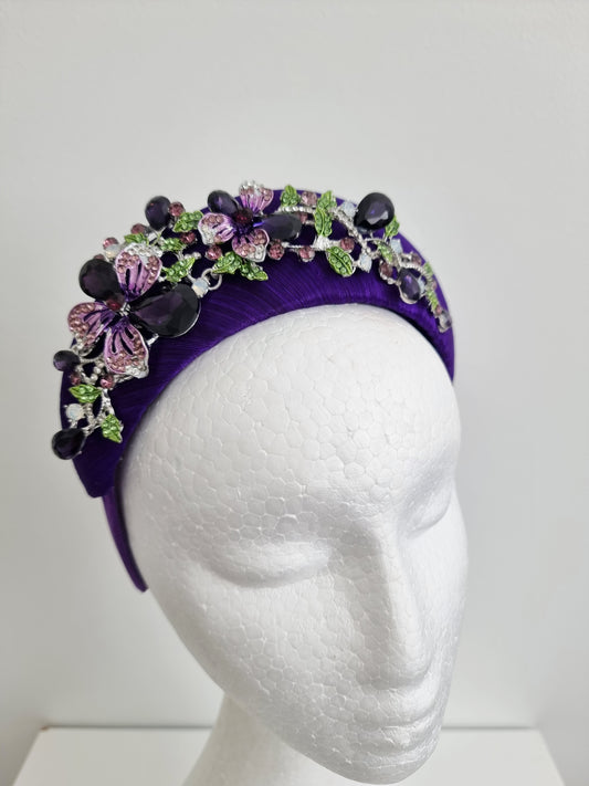 purple silk headpiece close up