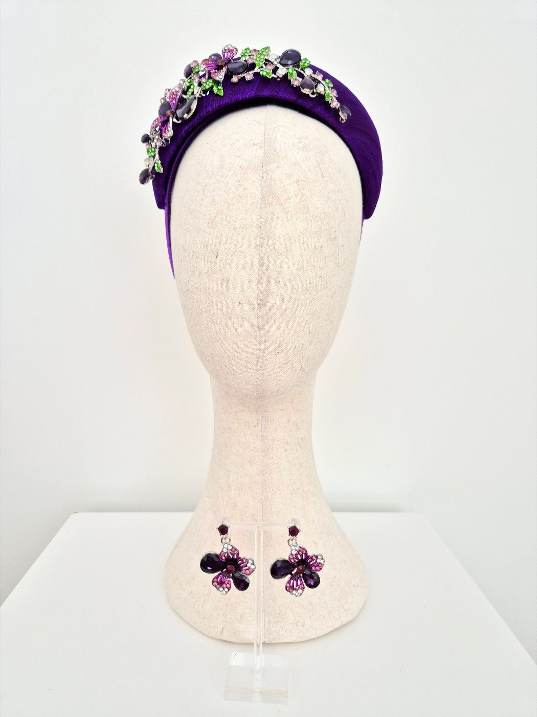purple silk headpiece with earing set