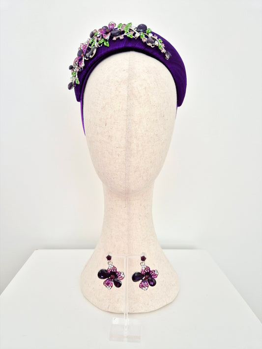 purple silk headpiece with earing set