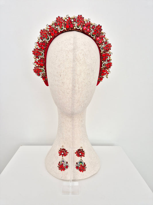red and gold rhinestone headpiece set