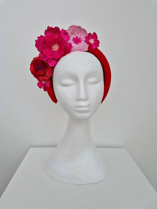red and pink floral lace headband front