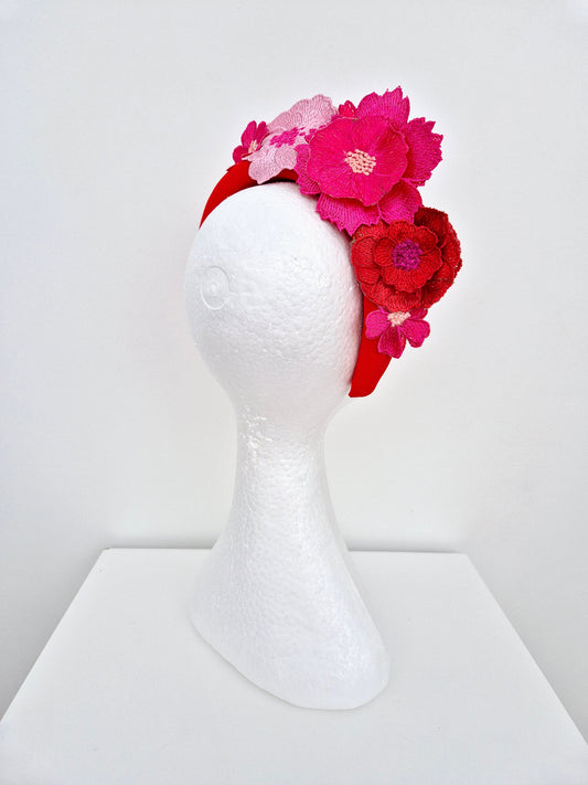 red and pink floral lace headband side
