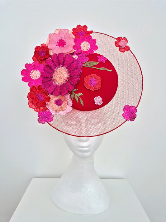 red floral lace percher headpiece 