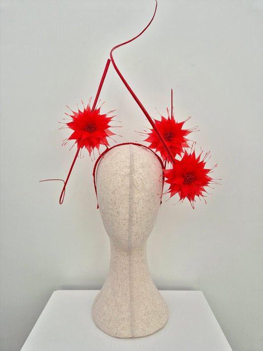 red feather flower headpiece with floating quills
