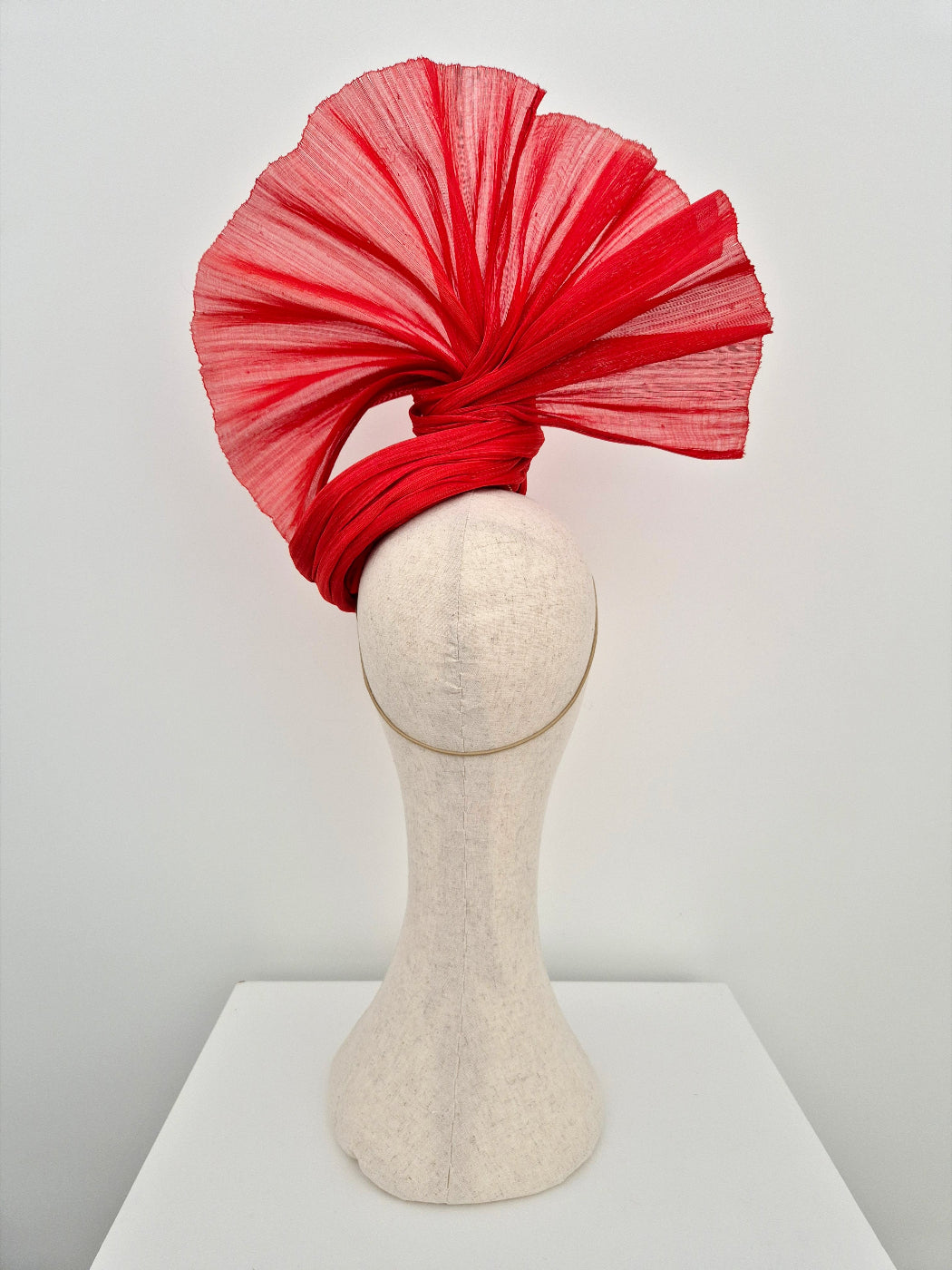 red silk abaca fan style headpiece back view