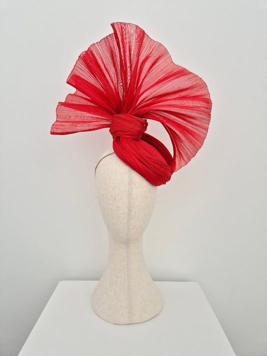 red silk abaca fan headpiece