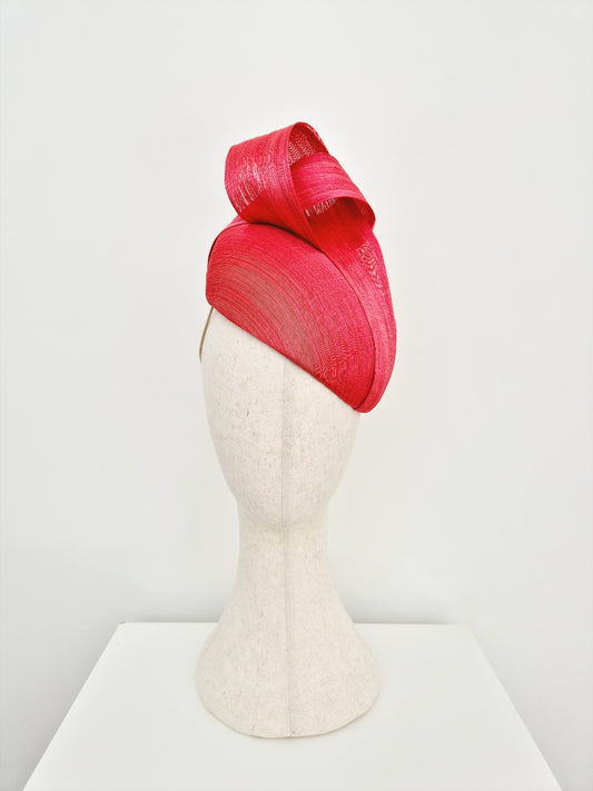 red silk abaca headpiece with top knot