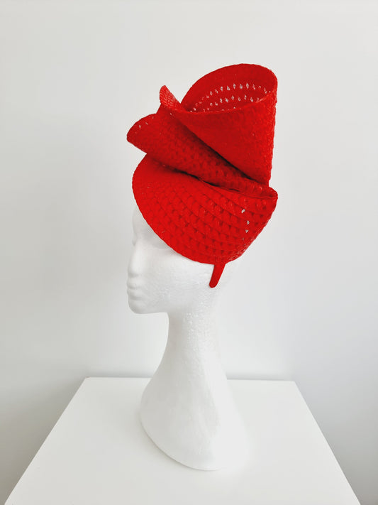 red straw headpiece side view