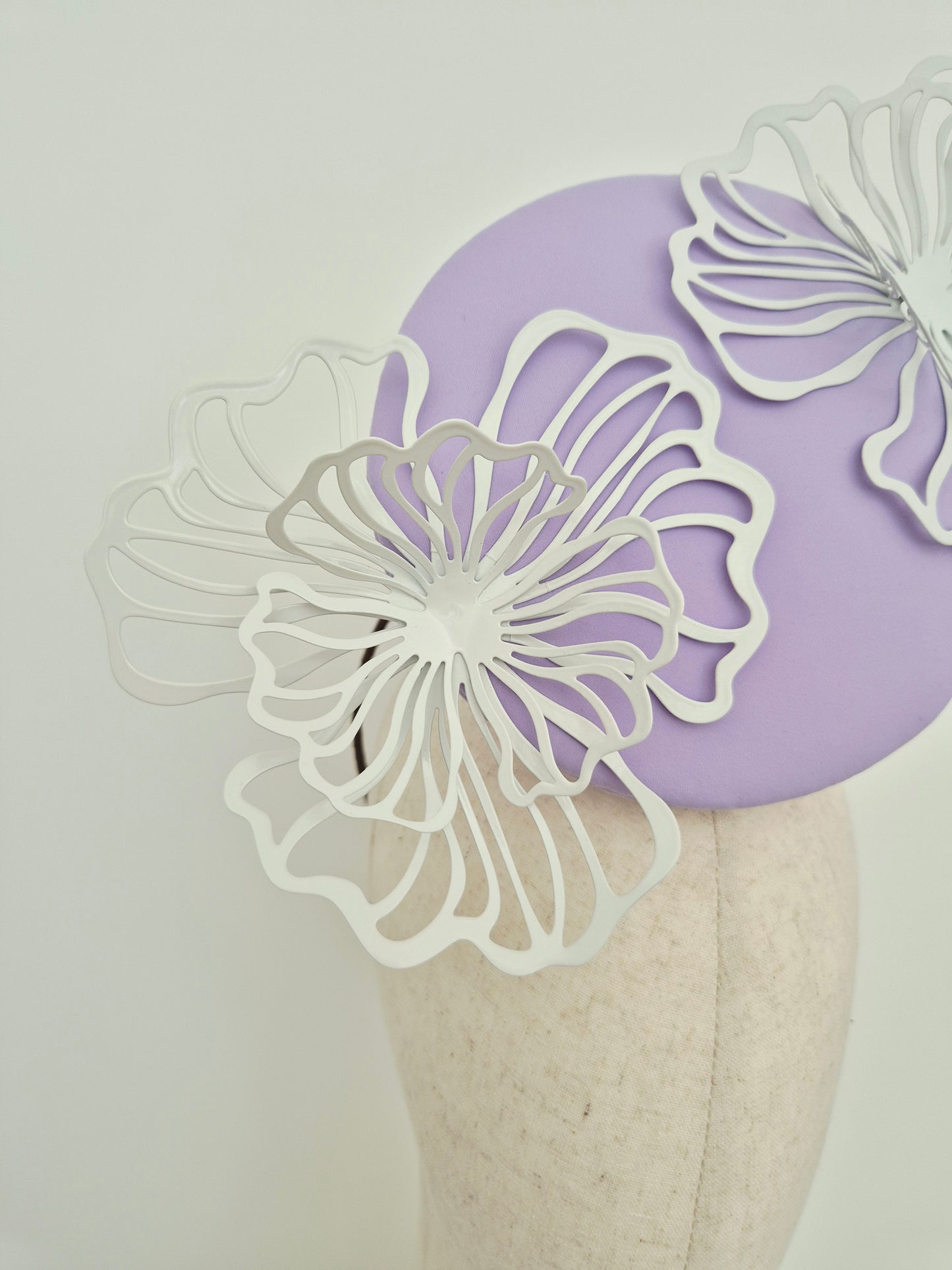 Miss Peyton . Womens Lilac button percher headpiece with white flowers
