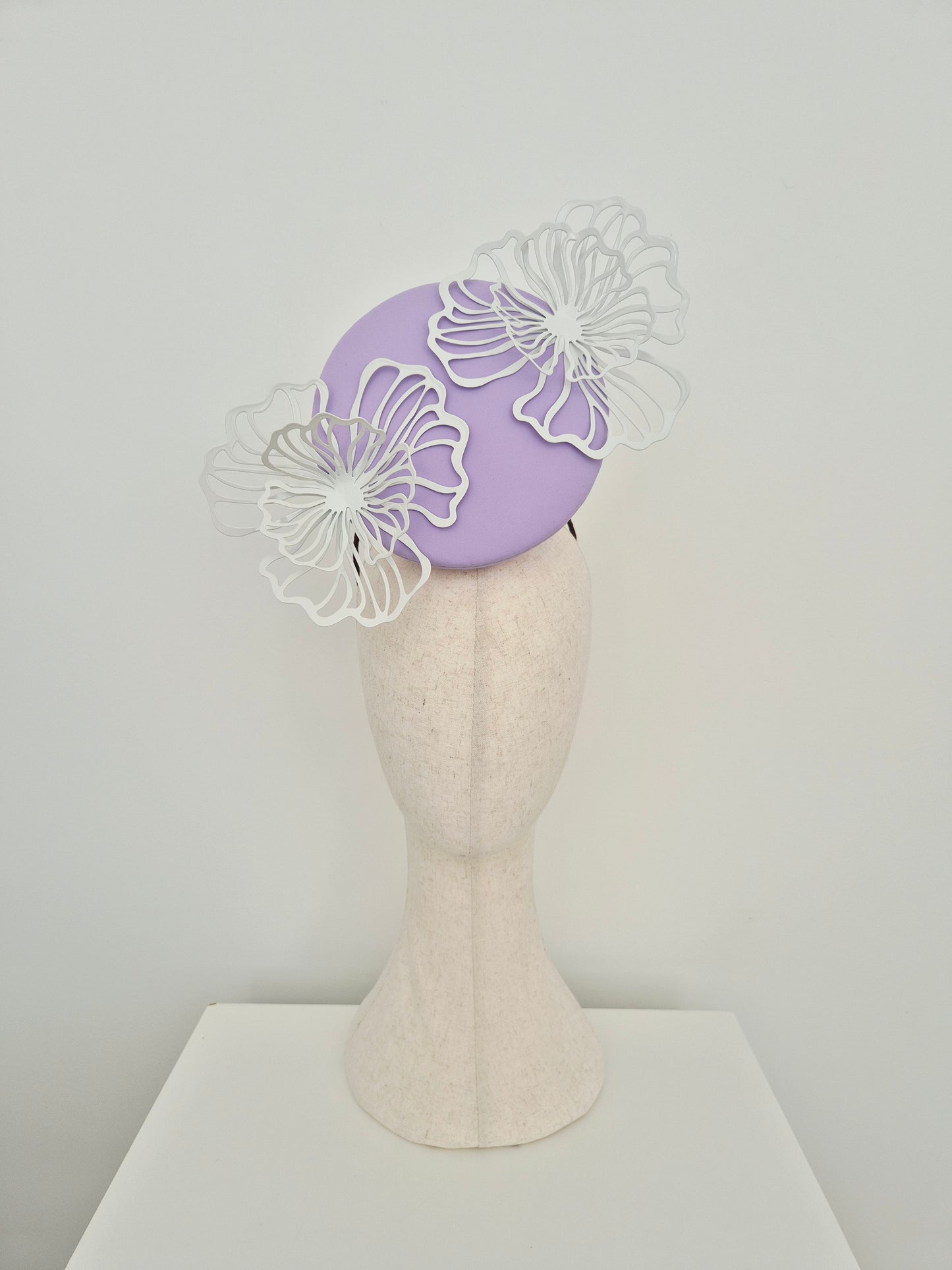 Miss Peyton . Womens Lilac button percher headpiece with white flowers