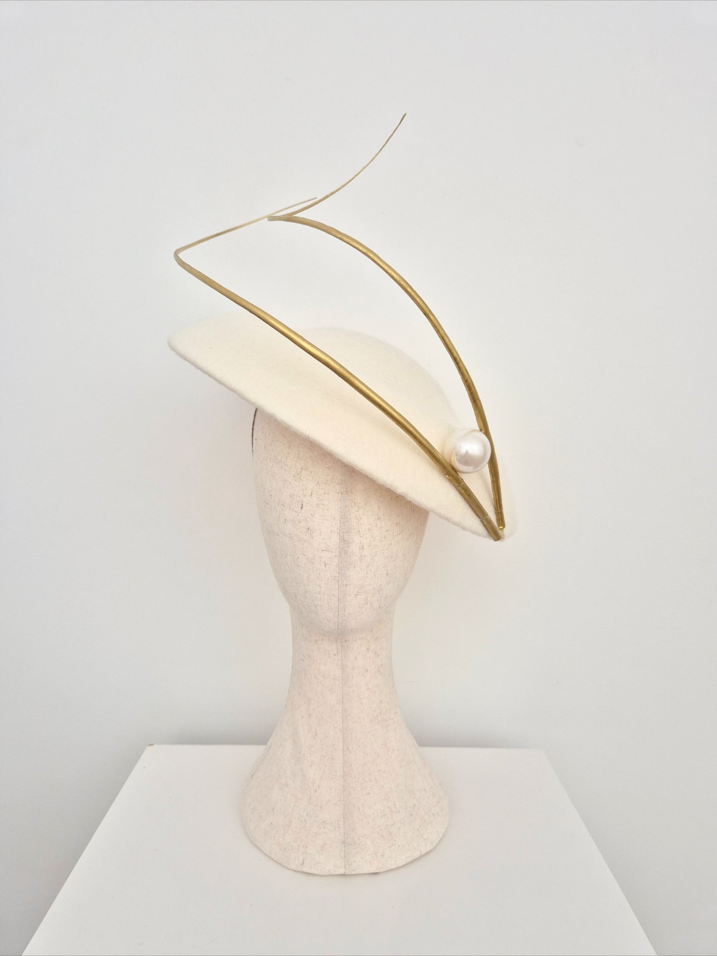 Miss Sasha. Womens Ecru wool felt hat with gold quills and pearl