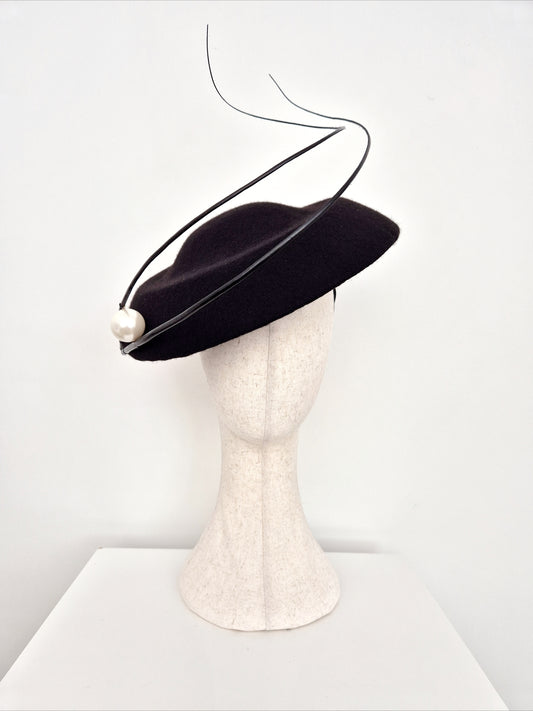 Miss Sasha. Womens black wool felt hat with quills and pearl