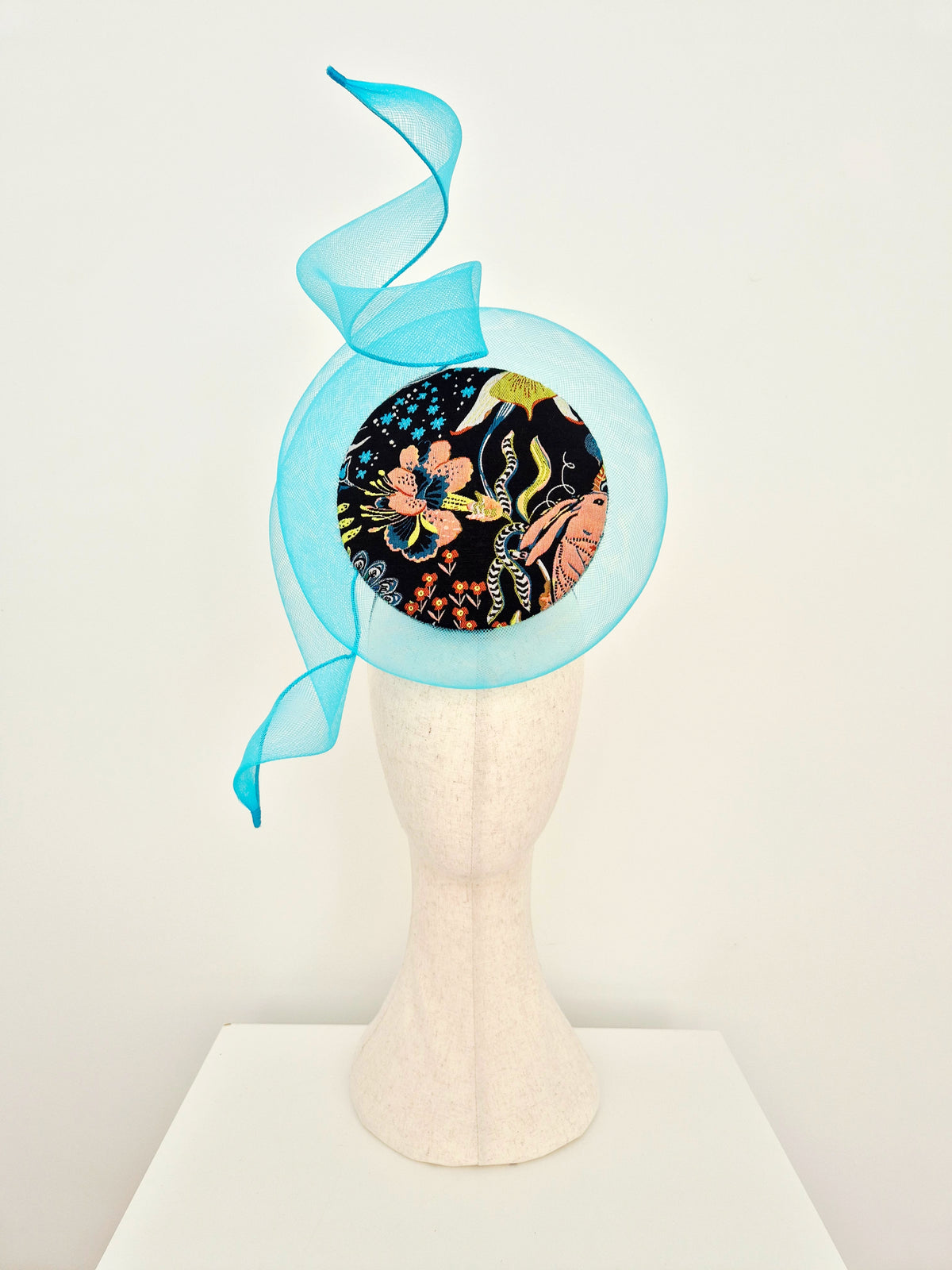 Miss Duke. Womens brocade button percher headpiece with crinoline swirl