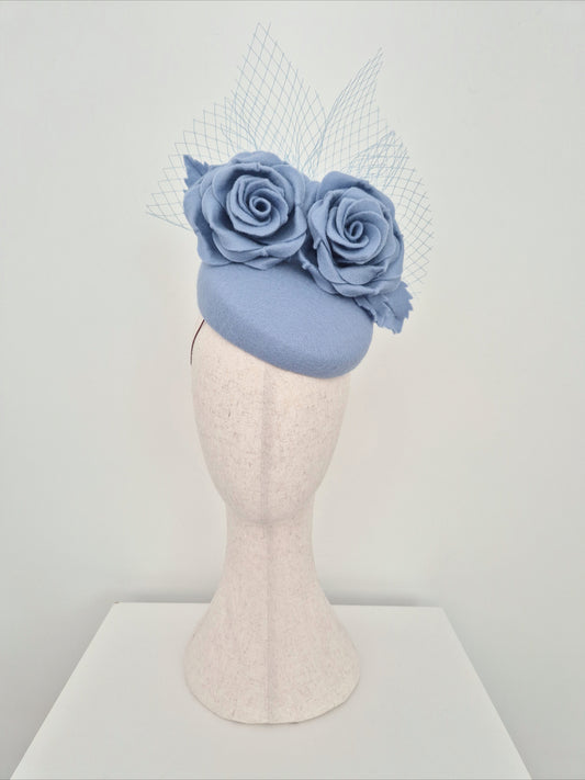 Miss Laura. Womens Dusty Blue felt slanted pillbox headpiece with roses and veiling